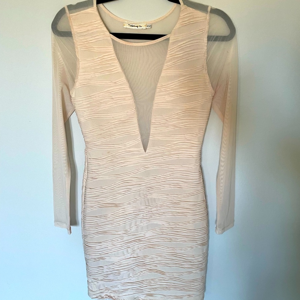 Fitted, above the knee nude colored dress